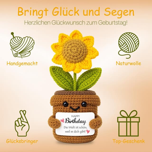 Detalle 2 de Farbeele Positive Sonnenblume & Glücksbringer-Schlüsselanhänger (Pocket Hug Figur) – Geburtstagsgeschenk mit Wunschkarte