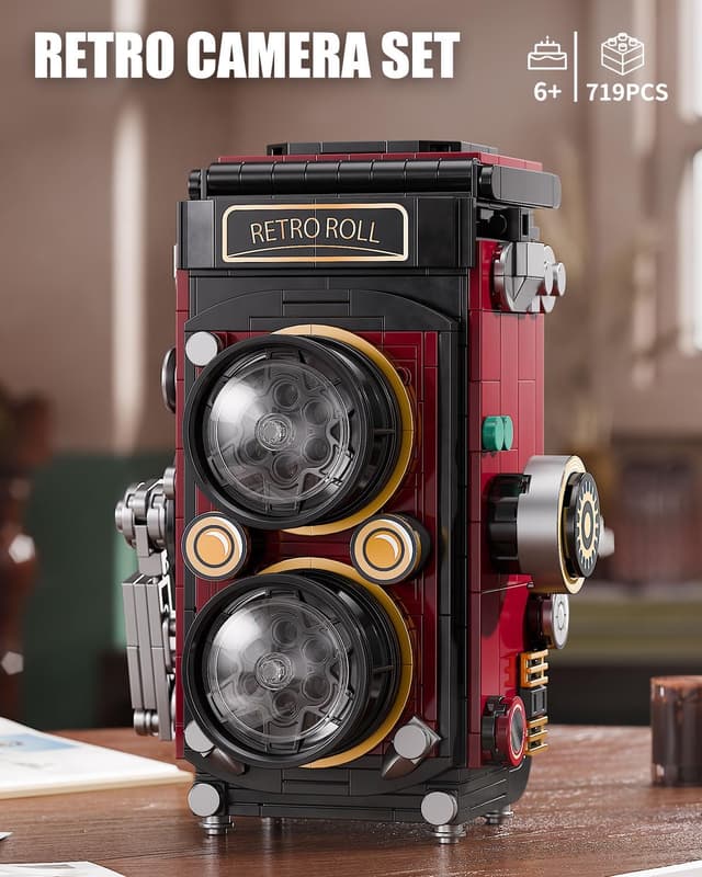 Detalle 2 de TYCOLE set di costruzioni per fotocamera retrò vintage con luci LED e design reflex a doppia lente (719 pezzi)