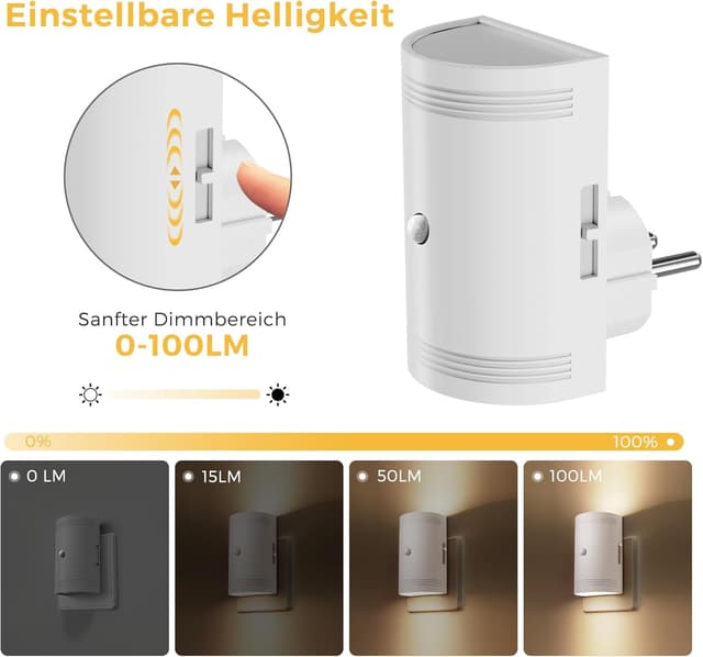 Detalle 2 de LOHAS-LED Nachtlicht mit Bewegungsmelder (Warmweiß 3000K), dimmbar 0–100 lm – Steckdosen-Nachtlicht für Kinderzimmer, Flur & mehr