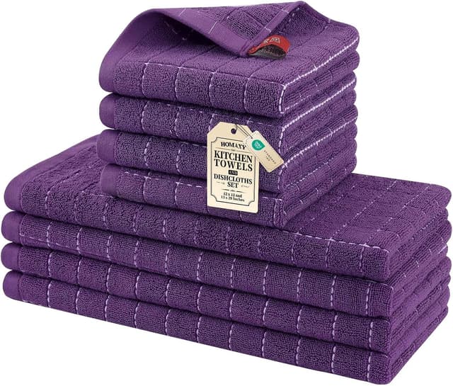 Imagen de Homaxy Cotton Terry Kitchen Towels & Dishcloths Set (Purple), Checkered Assortment, Set of 8 en OfertitasTOP
