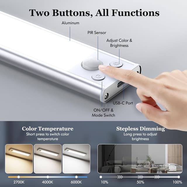Detalle de Demkia Schrankbeleuchtung Unterbauleuchte Küche mit Bewegungsmelder, LED Akku (2000 mAh), 3 Farbtemperaturen und USB