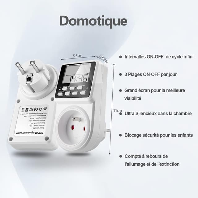Detalle de NOVKIT prise programmable numérique 16A/3680W avec minuterie, compte à rebours et cycle alternatif