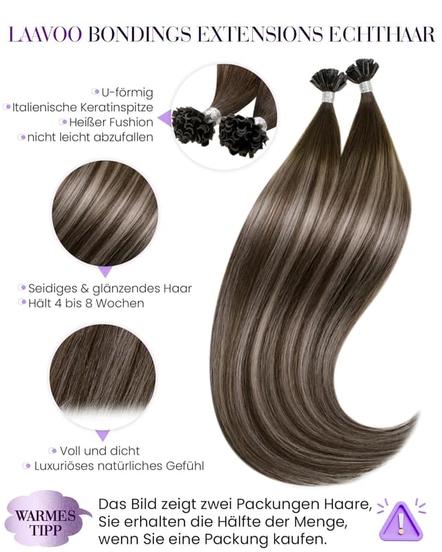 Detalle de LaaVoo Bondings Extensions Echthaar Braun/Balayage (Remy) – Keratin Bondings, 45 cm, #4/18/4