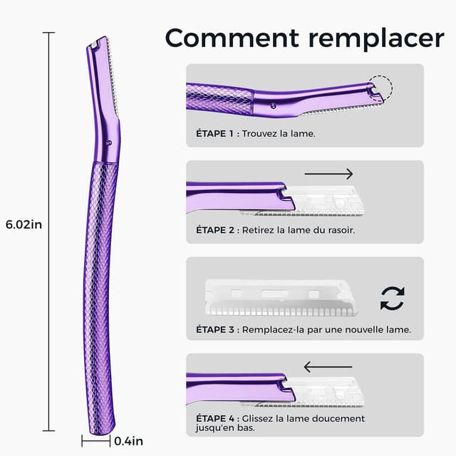 Detalle 2 de ZOMCHI Rasoir à sourcils et visage avec housse de précision, 6 lames (violet)