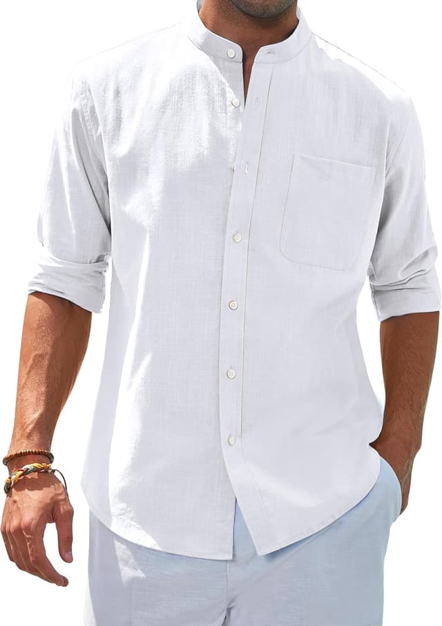 Detalle de siliteelon Men’s Grandad Collar Long Sleeve Linen Shirt with Pocket (Regular Fit)