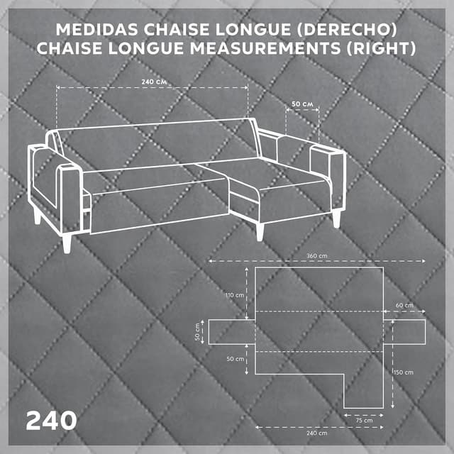 Thumbnail 2 de textil-home Funda Cubre Sofá Chaise Longue Malu ❤️ 240cm Gris