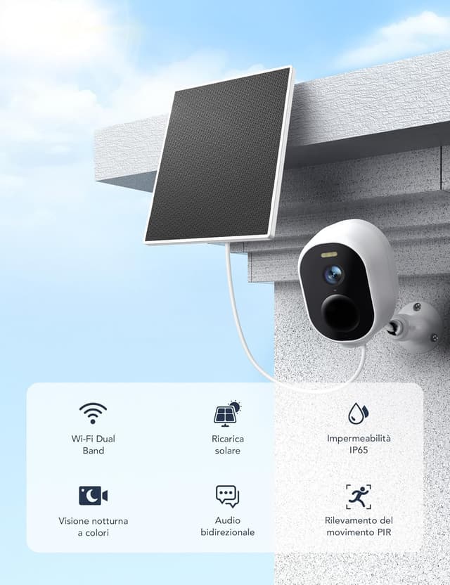 Detalle 2 de GNCC 4MP Kit 2 Telecamere Wi‑Fi da esterno con pannello solare e visione notturna a colori (IP65, doppia banda 2.4/5 GHz, audio bidirezionale, PIR)