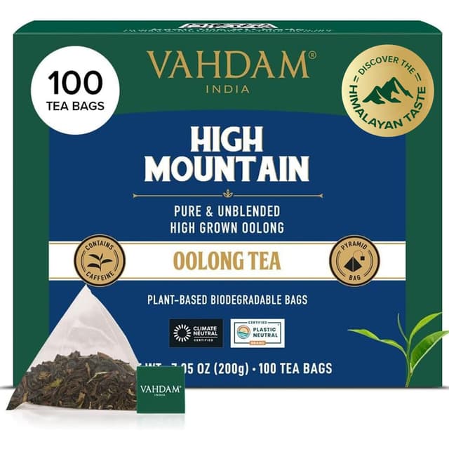 Detalle de VAHDAM Himalaya Oolong Teebeutel (100 Teebeutel) – Oolong aus der Höhe, heiß, eiskalt oder als Kombucha