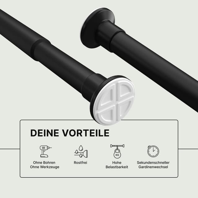 Detalle 2 de MEISENBERG Klemmstange für Gardinen 90–160 cm, Schwarz (Ø 25 mm) – Duschvorhangstange ohne Bohren