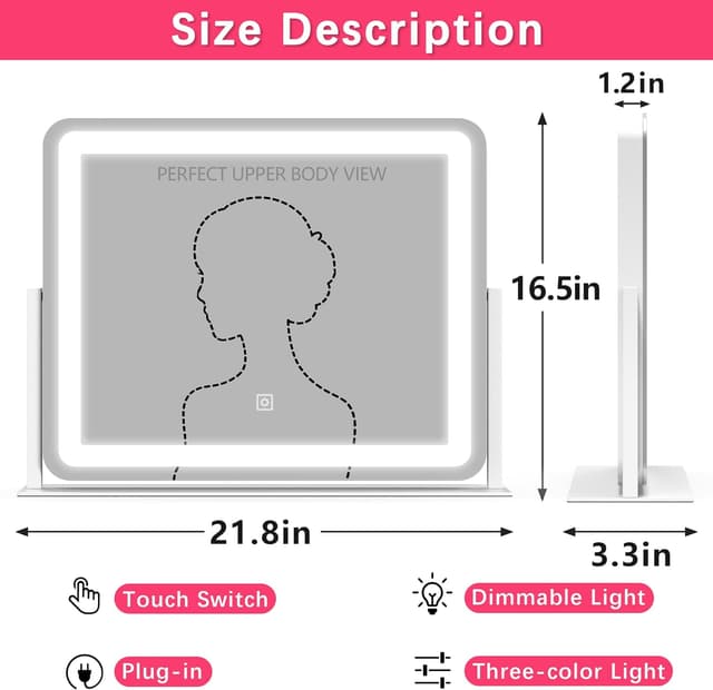 Detalle 2 de ROLOVE 22x17 Inch Lighted Vanity Mirror with LED lights 🪞