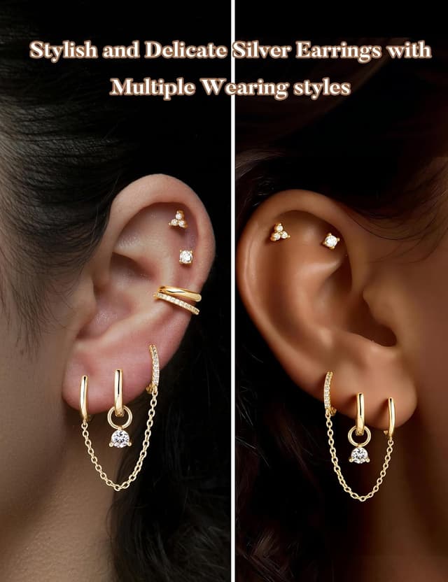 Detalle de TINGN Hypoallergene 14K vergoldete Creolen & Ohrstecker-Set (6er-Pack) für mehrere Piercings