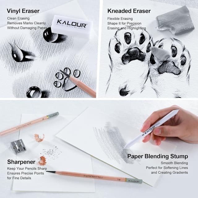 Detalle de KALOUR 18-Piece Professional Sketch Pencil Set (5H to 14B) with Erasers, Sharpener and Blending Stump