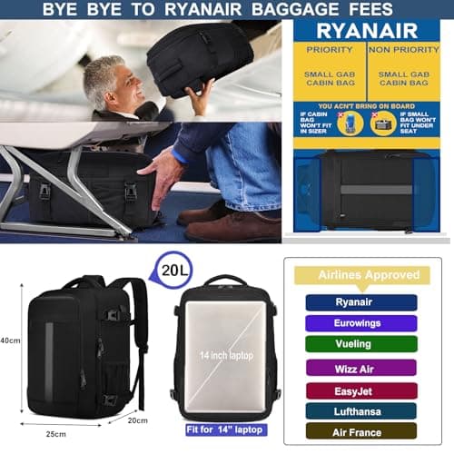 Detalle de PUSLOM Mochila de cabina 40x20x25 cm (20L) con USB para portátil de 14 pulgadas y bolsillo antirrobo