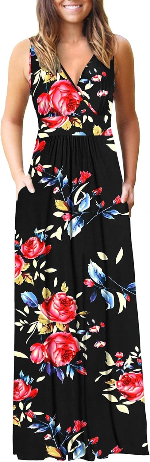 Detalle de AUSELILY Sommerkleid Damen Lang ärmellos Wickelkleid mit Tiefem V-Ausschnitt und Taschen