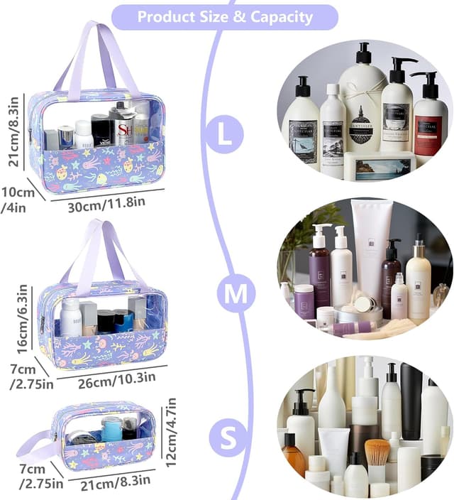 Detalle 2 de Mikytoper Clear Toiletry Bag Set (3 pcs) – Waterproof PVC wash bags with handle, large capacity travel cosmetic bags (2024 Purple)