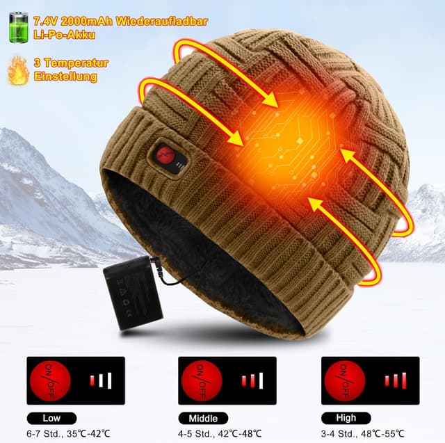 Detalle de Svpro beheizte Beanie mit 7,4V Li‑Polymer Akku (bis zu 3–7 Stunden) und 3 Heizstufen