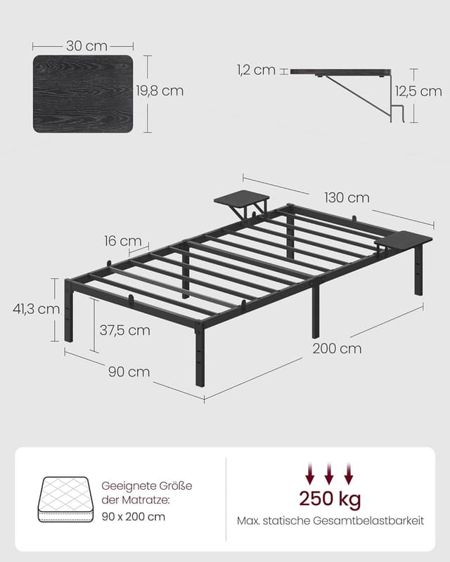 Detalle 2 de VASAGLE Bett 140 x 200 cm (RMB094B01) mit Aufbewahrungsregalen – Metall-Bettrahmen für Gäste & Doppelbett