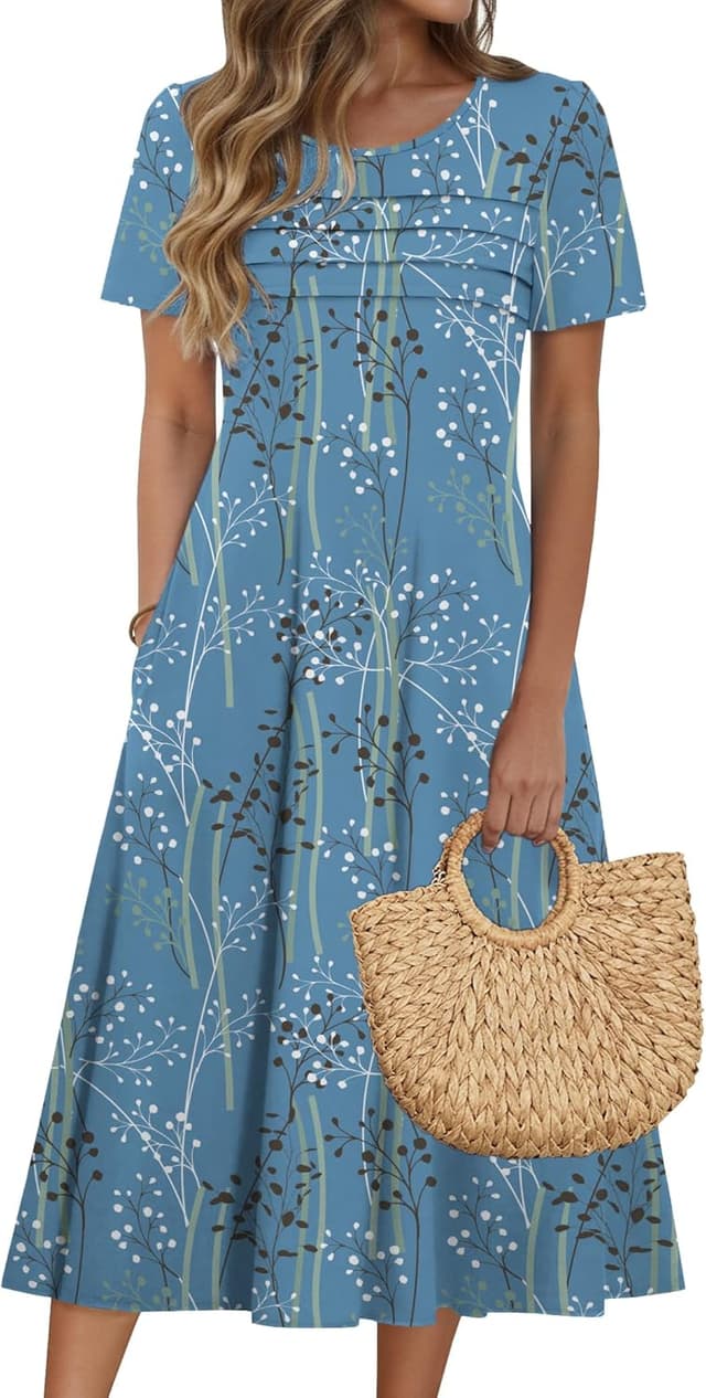 Detalle de Zeagoo Women’s Short-Sleeve Flare Midi Dress with Pockets (Pleated Front, Floral Print)