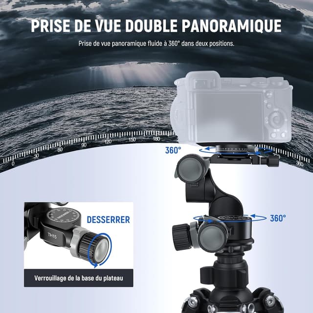Detalle de NEEWER TH15 : tête de trépied 3 axes panoramique à engrenages (jusqu’à 6 kg) avec plaque QR Arca 360°