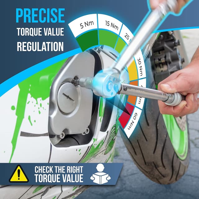 Detalle de Set di chiavi dinamometriche HASKYY da 3/8" (5–60 Nm) con accessori per moto e personalizzate