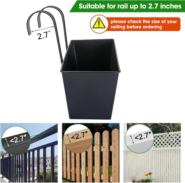 Detalle de OGIMA 41cm Railing Planter Box (3-pack) with adjustable wide hooks for 7cm railings