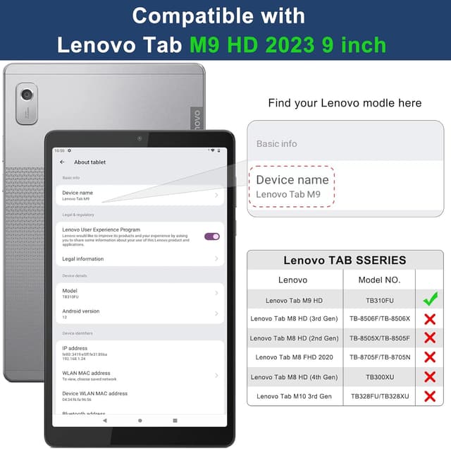 Detalle de Coque BRAECN pour Lenovo Tab M9 9 pouces 2023 (TB-310FU) : étui robuste 3 couches avec support 360° et dragonne, noir