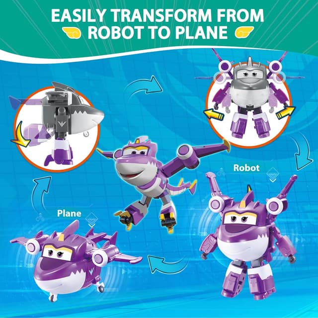 Detalle de Super Wings Dinosaurier 2er-Set Tino & Sally (12,7 cm) – 2-in-1 Actionfigur zum Verwandeln ab 3 Jahren, grün & lila