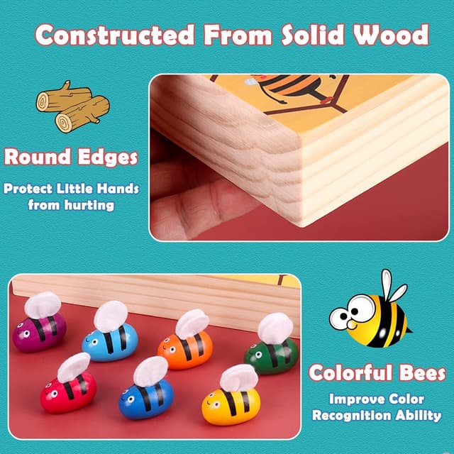 Detalle de YUNCHY Toddler Fine Motor Skill Toy: Bee to Hive Matching Game (Montessori wooden color sorting)