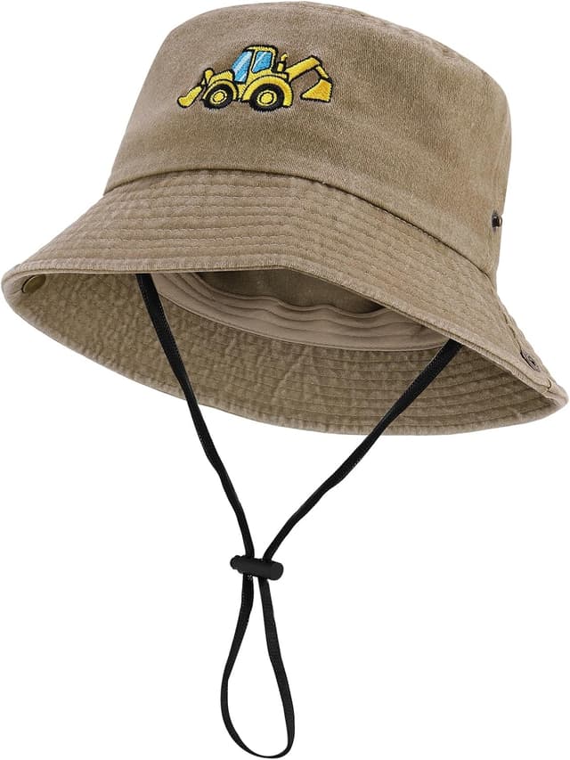 Detalle de ViEinkaufen Kids Bucket Hat with Excavator Design (Beige) – Adjustable Drawstring & Chin Strap Sun Hat for Age 3–8