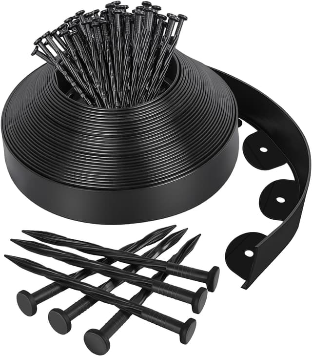 Detalle de Newthinking Rasenkante aus Kunststoff 10 m (5 cm breit) – unsichtbare Rasengrenzen mit 50 Erdnägeln, schwarz