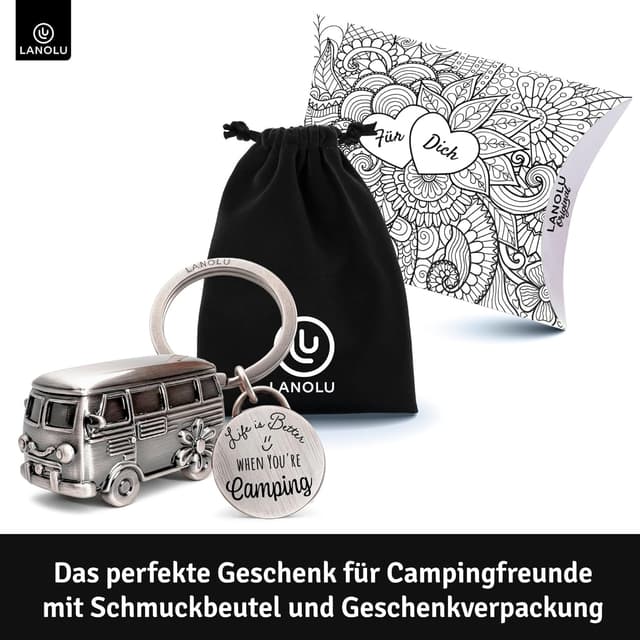 Detalle de Porte-clés LANOLU Camping en métal argenté (bus de camping 3D) avec message « Life is Better when you're Camping »
