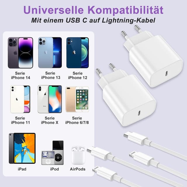 Thumbnail 4 de 2Pack USB C Ladegerät mit 2M Kabel für iPhone