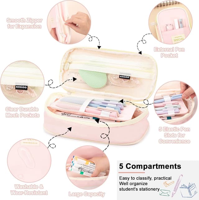 Detalle de Vinuwu Big Capacity Pencil Case for Girls with Zip, Expandable Nylon Pencil Pouch (Pink)