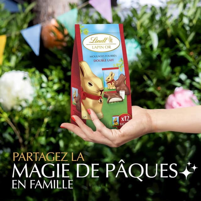Detalle 2 de Lindt Sachet de moulages LAPIN OR – Chocolat au lait et cœur double lait, idéal Pâques (130 g)