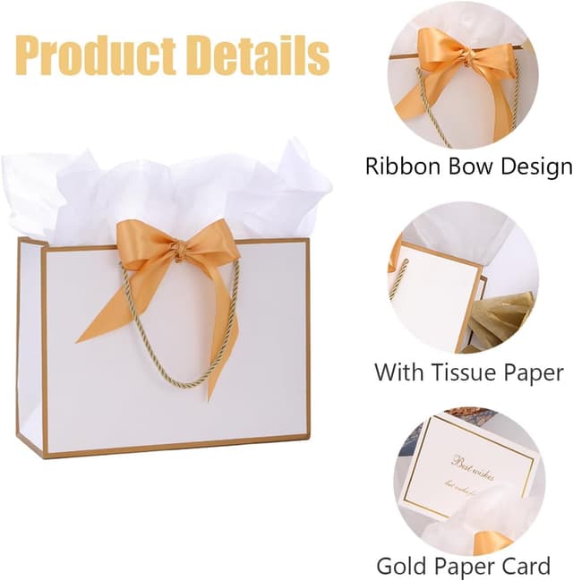 Detalle de Dimetey 8-Pack Metallic Paper Gift Bags with Handles, Bow Ribbon, Tissue & Card (White, 20 x 28 x 10cm)