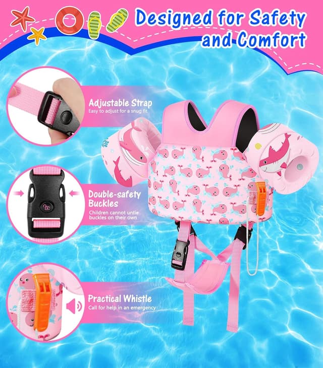 Detalle de MoKo Swim Arm Floaties (15–30 lbs) Toddler Swim Vest for Kids with Crotch Strap and Whistle, Baby Pink Whale