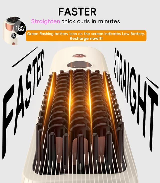 Detalle de Go Brush Pro UK Cordless Hair Straightener Brush – Portable rechargeable ceramic styling tool with 4 heat settings