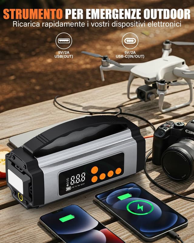 Detalle de Onherm 7-in-1 Booster Avviatore auto con compressore 150 PSI, 2000A e torcia, per batterie 12V benzina e diesel