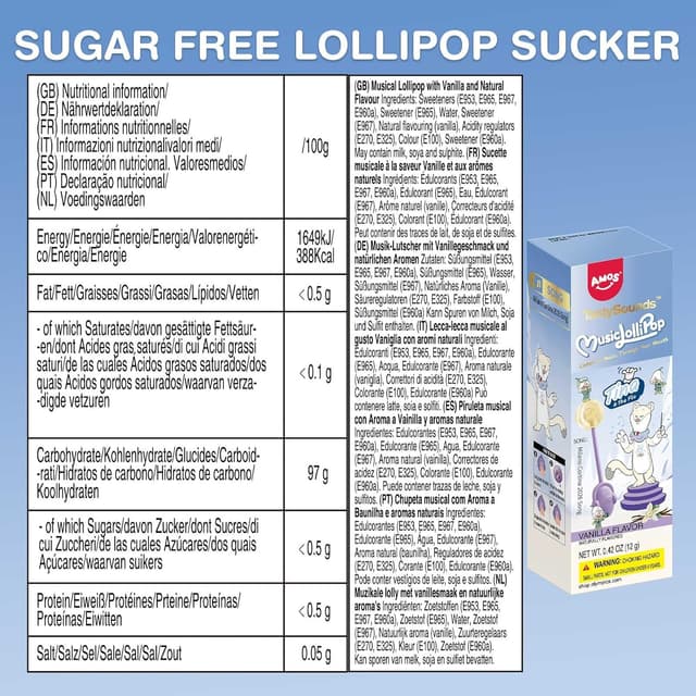 Detalle de AMOS Lutscher Audio Lollipop „Sing-Lutscher“ mit Musik, Vanille – zuckerfrei, glutenfrei, 1 Stück
