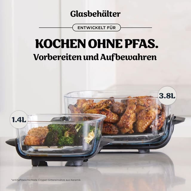 Detalle de Ninja CRISPi Tragbare Heißluftfritteuse FN102EU (4-in-1) mit Tragetasche, 2 Glasbehältern 1,4 l & 3,8 l