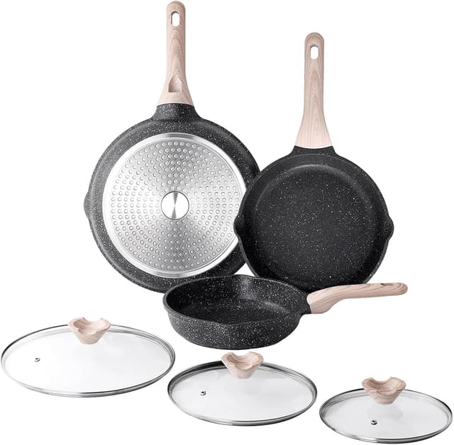 Detalle de Kordisen Nonstick Frying Pan Set with Lids (3-Piece) — Stay-Cool Bakelite Handles, PFOA-Free Induction Cookware