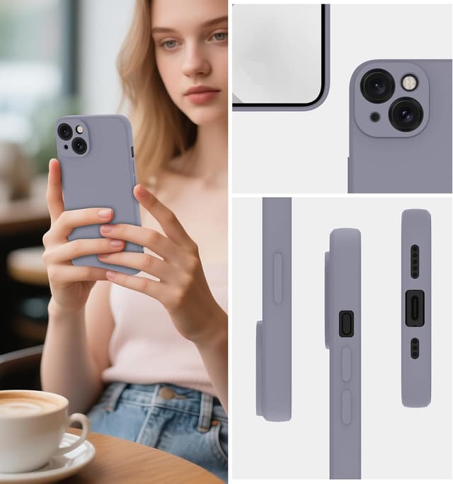 Detalle 2 de Qasyfanc Silicone Case for iPhone 15 (Grey) with 2 Tempered Glass Screen Protectors — Ultra-slim liquid TPU full-body cover