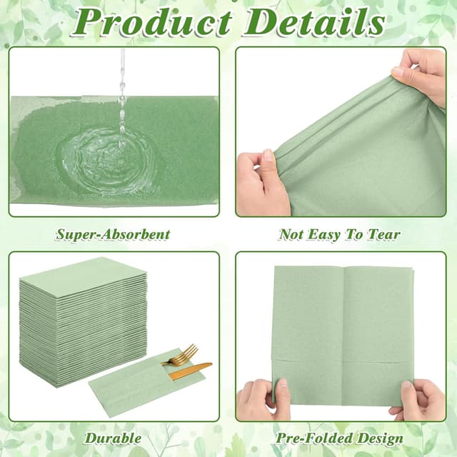 Detalle de NatNarr 60-Pack Sage Green Linen-Feel Paper Napkins with Built-in Flatware Pocket