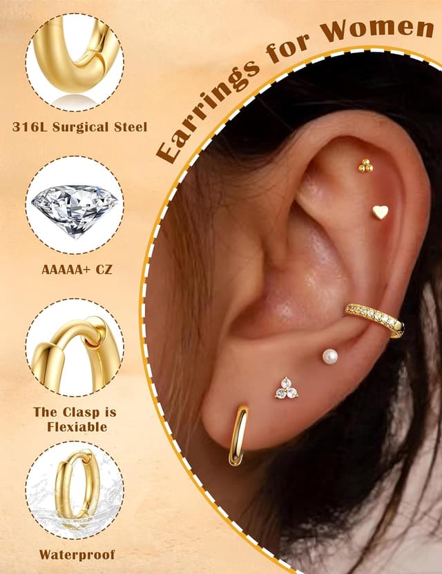 Detalle 2 de TINGN 14 Paar Ohrringe Set mit flachem Verschluss aus 316L-Edelstahl (chirurgischer Stahl), vergoldete Creolen & Ohrstecker