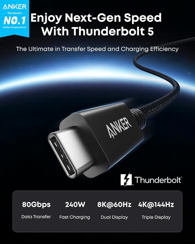 Detalle de Anker Prime Thunderbolt 5 Cable (0.52 m / 3.3 ft) — USB-C to USB-C, 240W charging & up to 80Gbps data