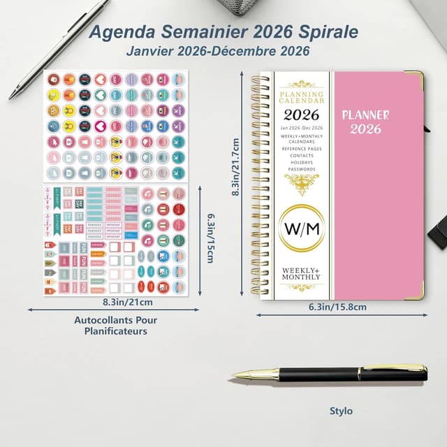 Detalle 2 de NEYSA Agenda 2026 A5 semainier spirale (janvier à décembre) avec autocollants, stylo et pochettes