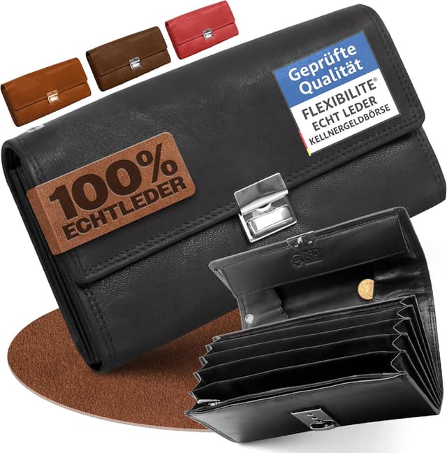 Detalle de FLEXIBILITE Kellner-Geldbörse aus echtem Leder mit RFID, Schwarz – Kellnerportemonnaie (18,5 x 9,5 x 4,5 cm)