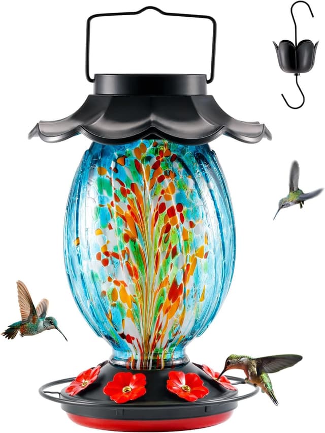 Detalle de HouseSapp Solar Hummingbird Feeder (49 fl. oz) — Color-Changing Hand-Blown Glass, 7 Feeding Ports, Never Leak