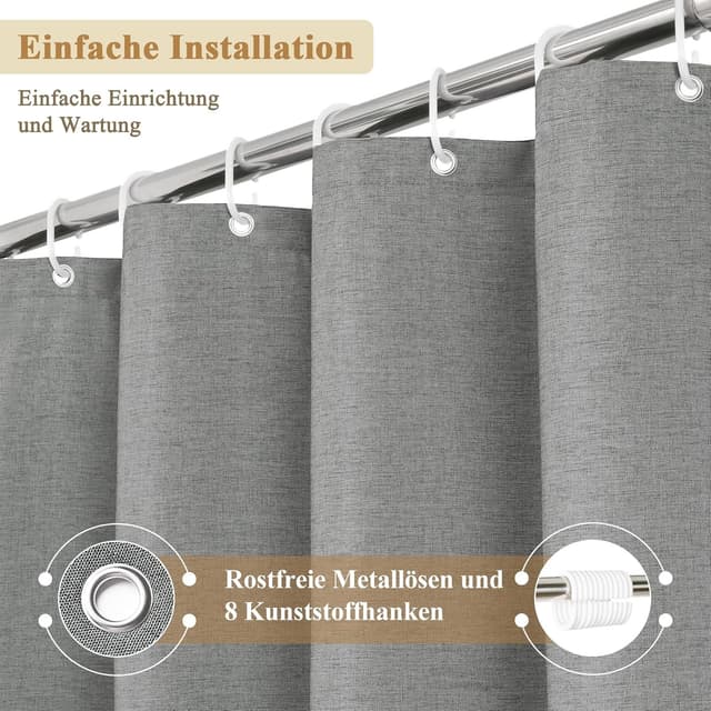 Detalle 2 de Rideau de douche fin en lin texturé 120 x 200 cm avec 8 œillets – gris, imperméable et anti-moisissure