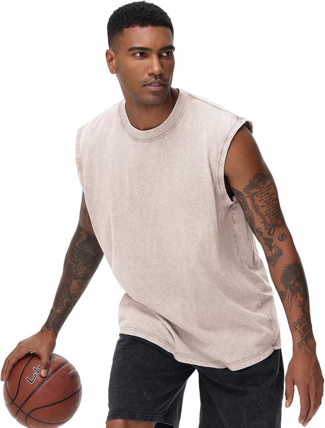 Detalle de Herren Kurzarm Sommer ärmelloses Fitness-Shirt „Washed“ aus Baumwolle – Muskelshirt fürs Training